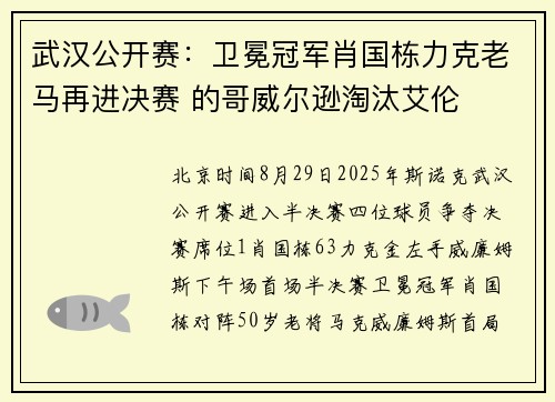 武汉公开赛：卫冕冠军肖国栋力克老马再进决赛 的哥威尔逊淘汰艾伦